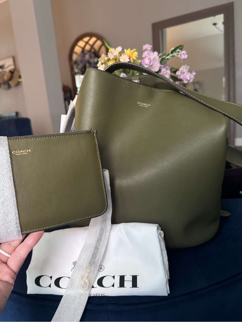 Coach Olive Green Leather Bleecker Bucket Bag with Matching slim pouch -NWT
